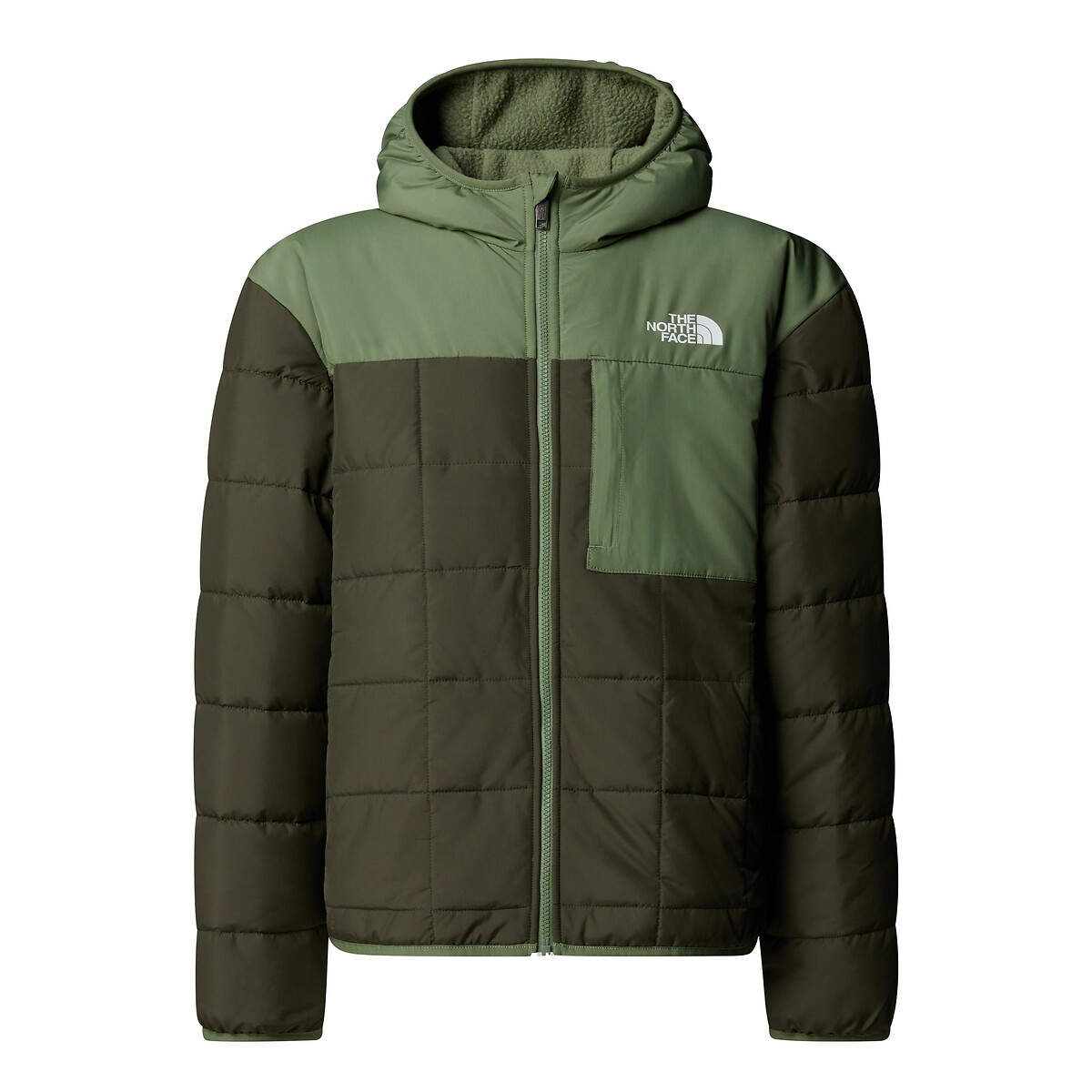 Manteau réversible, coté sherpa, coté doudoune kaki, THE NORTH FACE