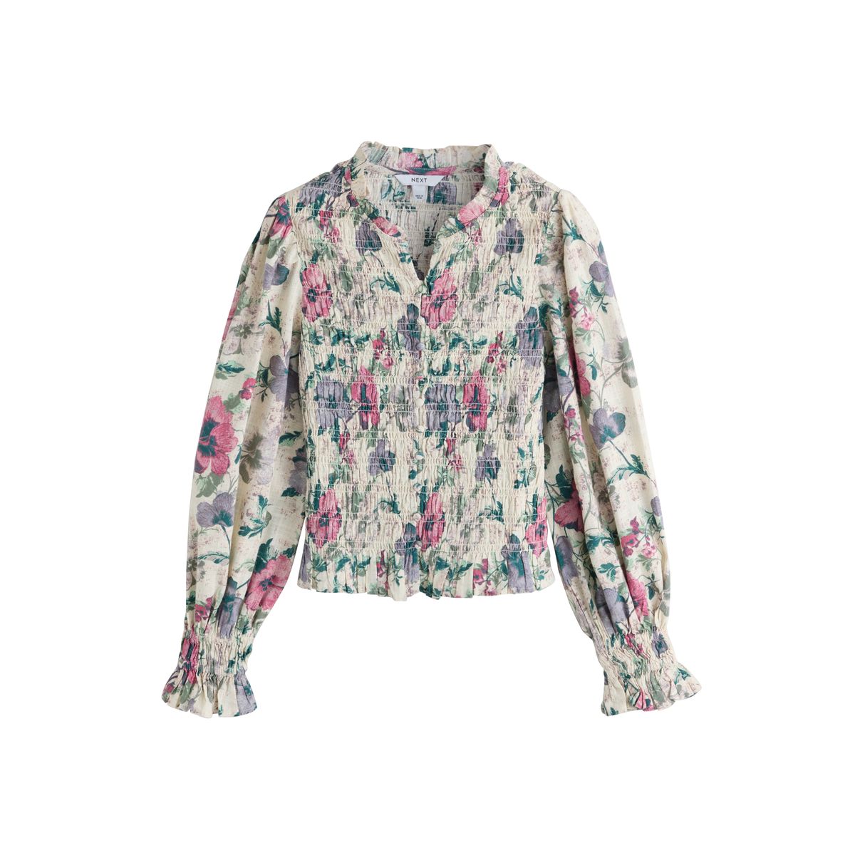 Chemisier smocké boutonné imprimé floral multicolore écru, NEXT