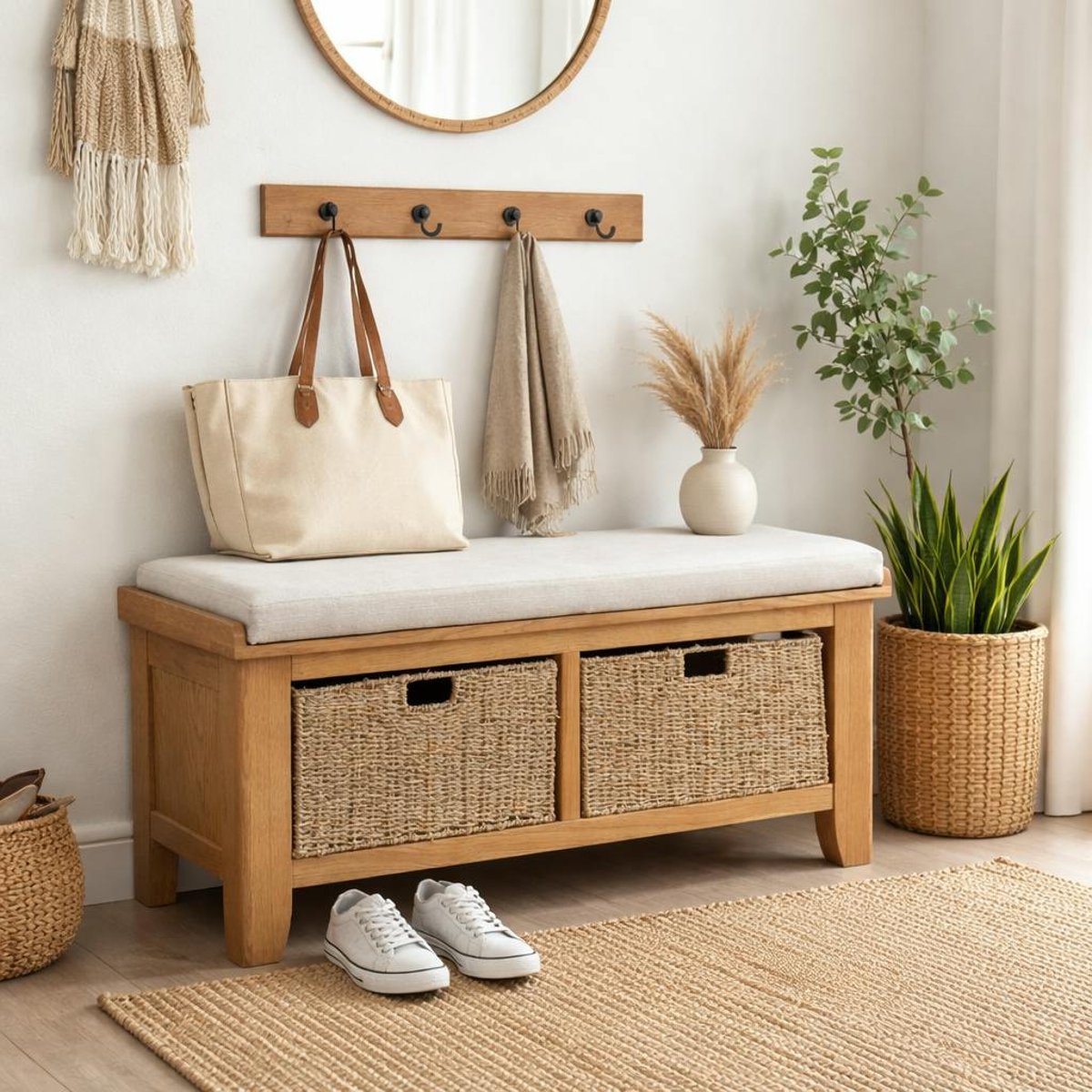 Banc d'entrée en chêne avec 2 paniers de rangement VALMONT bois naturel, PIER IMPORT