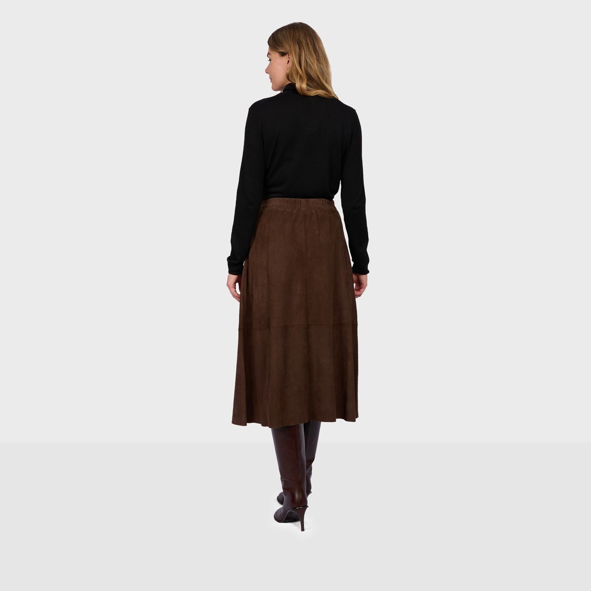 Jupe longue évasée en cuir NAHEE marron foncé, OAKWOOD