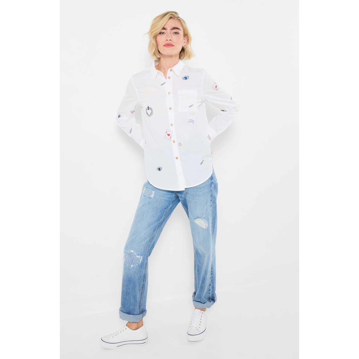 Chemise branchée avec col et broderies blanc, JOE BROWNS