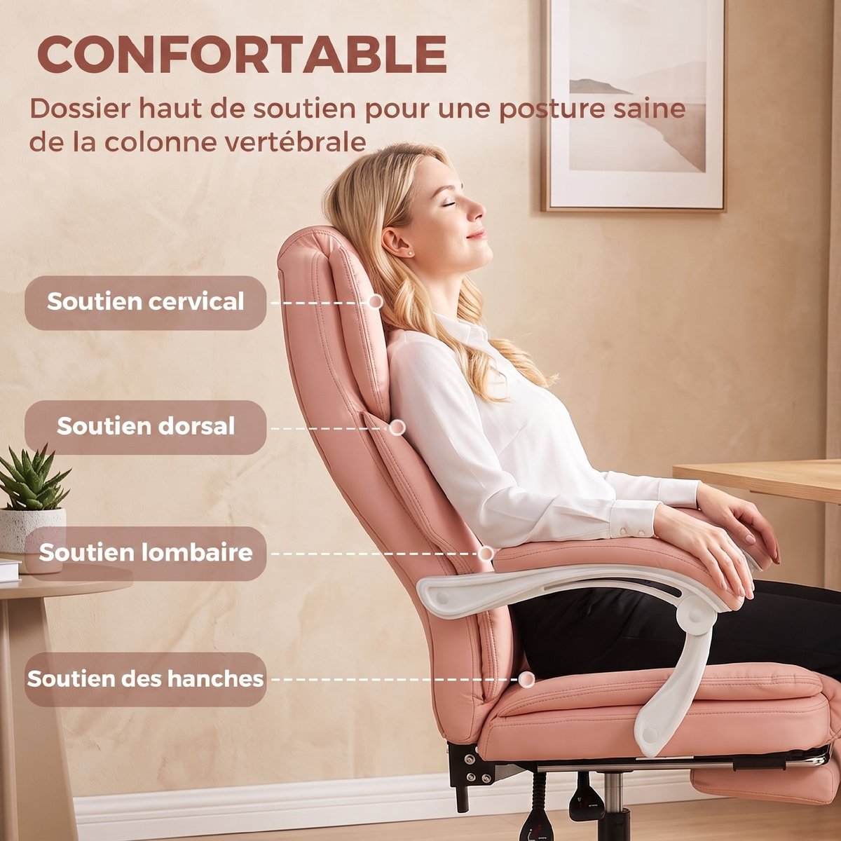 Chaise de bureau Cuir synthétique adapté aux rose, HOMCOM
