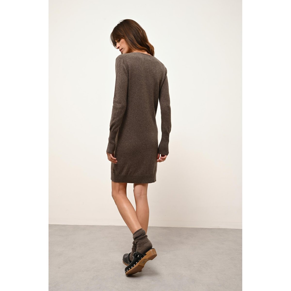 Robe Col V Sable Tracy marron, JUST CASHMERE