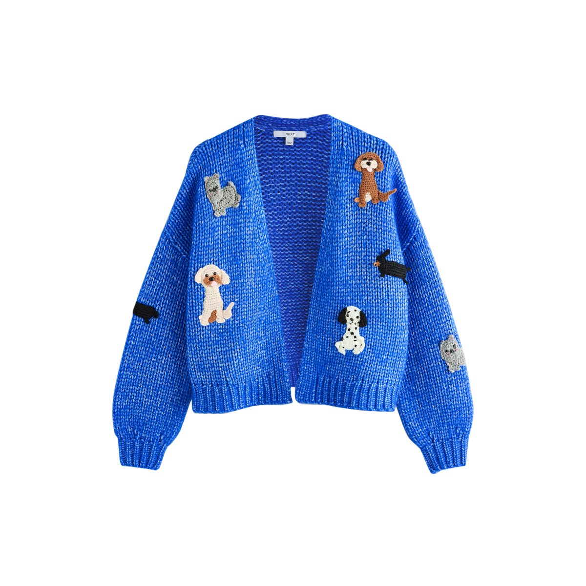 Cardigan à manches longues en maille épaisse chiens au crochet bleu cobalt, NEXT