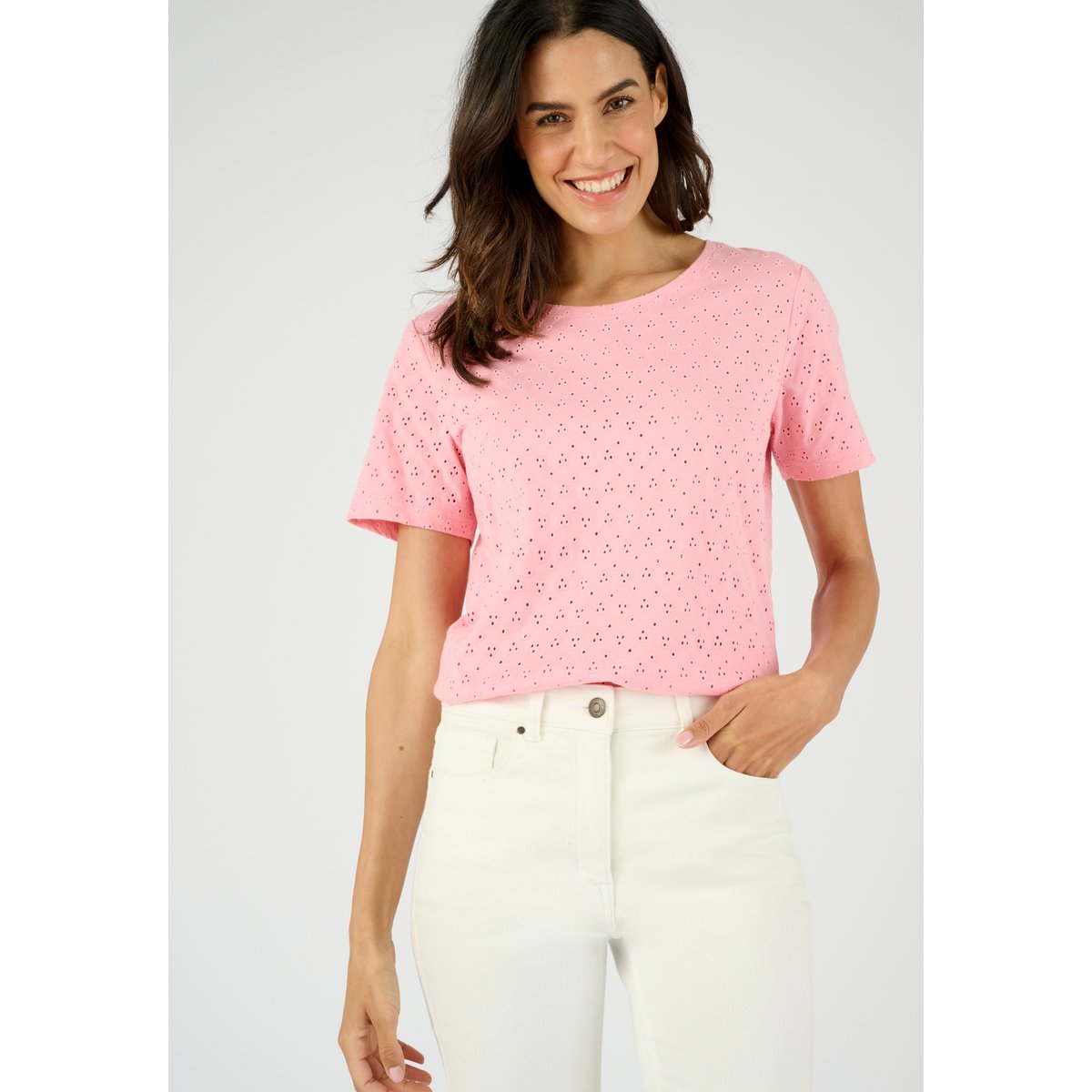 T-shirt maille brodée pur coton rose, DAMART