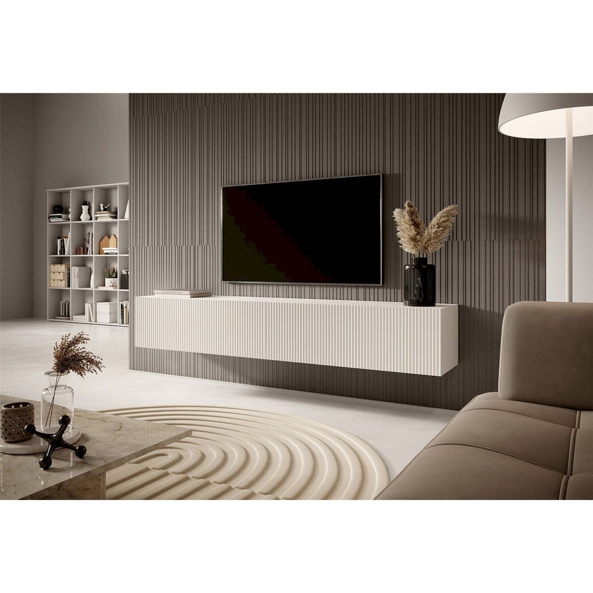 Meuble tv suspendu VELDIO façade rainurée blanc, RECOLLECTION