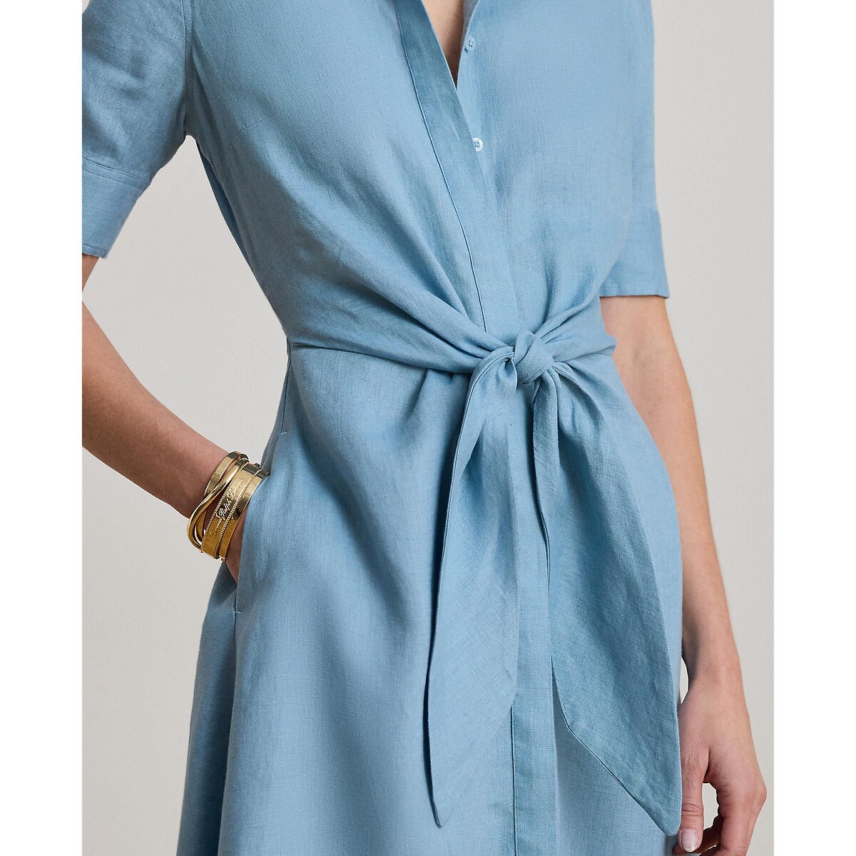 Vestido camisero de lino de manga corta azul cielo, LAUREN RALPH LAUREN
