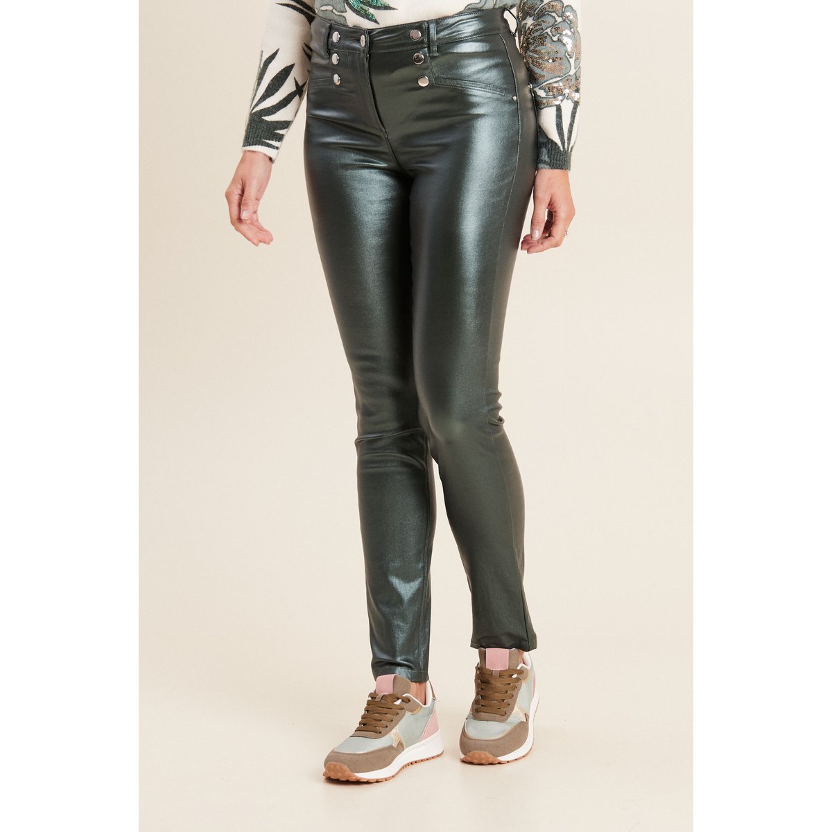 Pantalon ajusté enduit à pont vert foncé, BREAL
