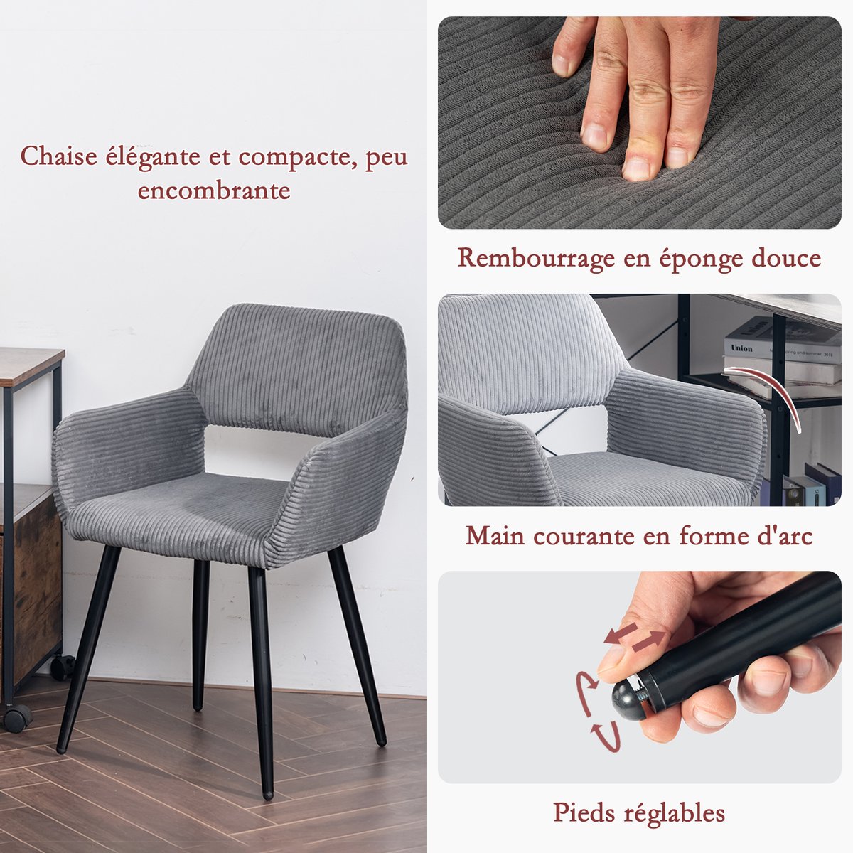 Lot de 2 chaises de salle à manger velours côtelé scandinave, CROMWELL gris, MEUBLES COSY