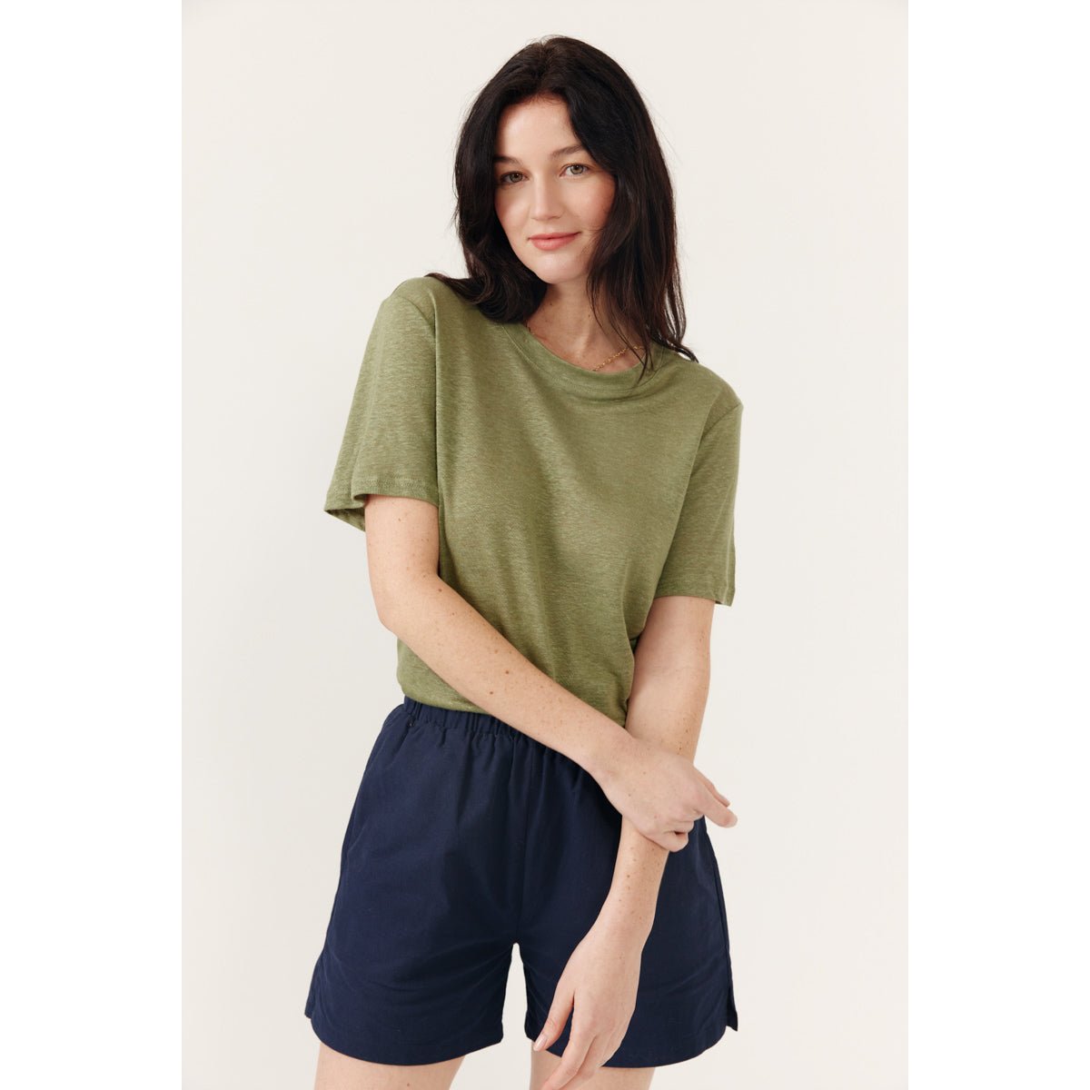 T-shirt à manches courtes col rond coupe droite en lin LYSENE khaki, ARTLOVE