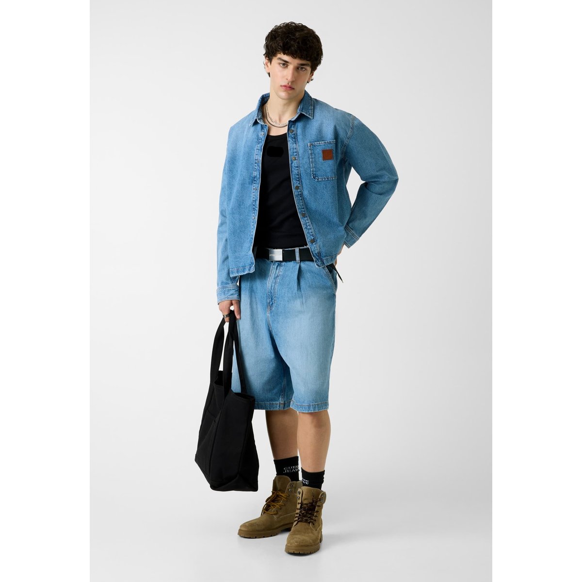 Chemise En Denim Surdimensionnée bleu clair, GUESS JEANS