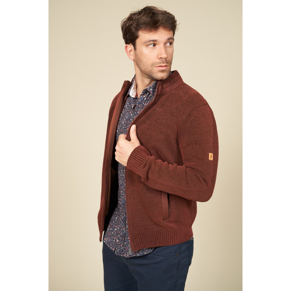 Gilet zippé chenille empiècements tissés cognac, MCS
