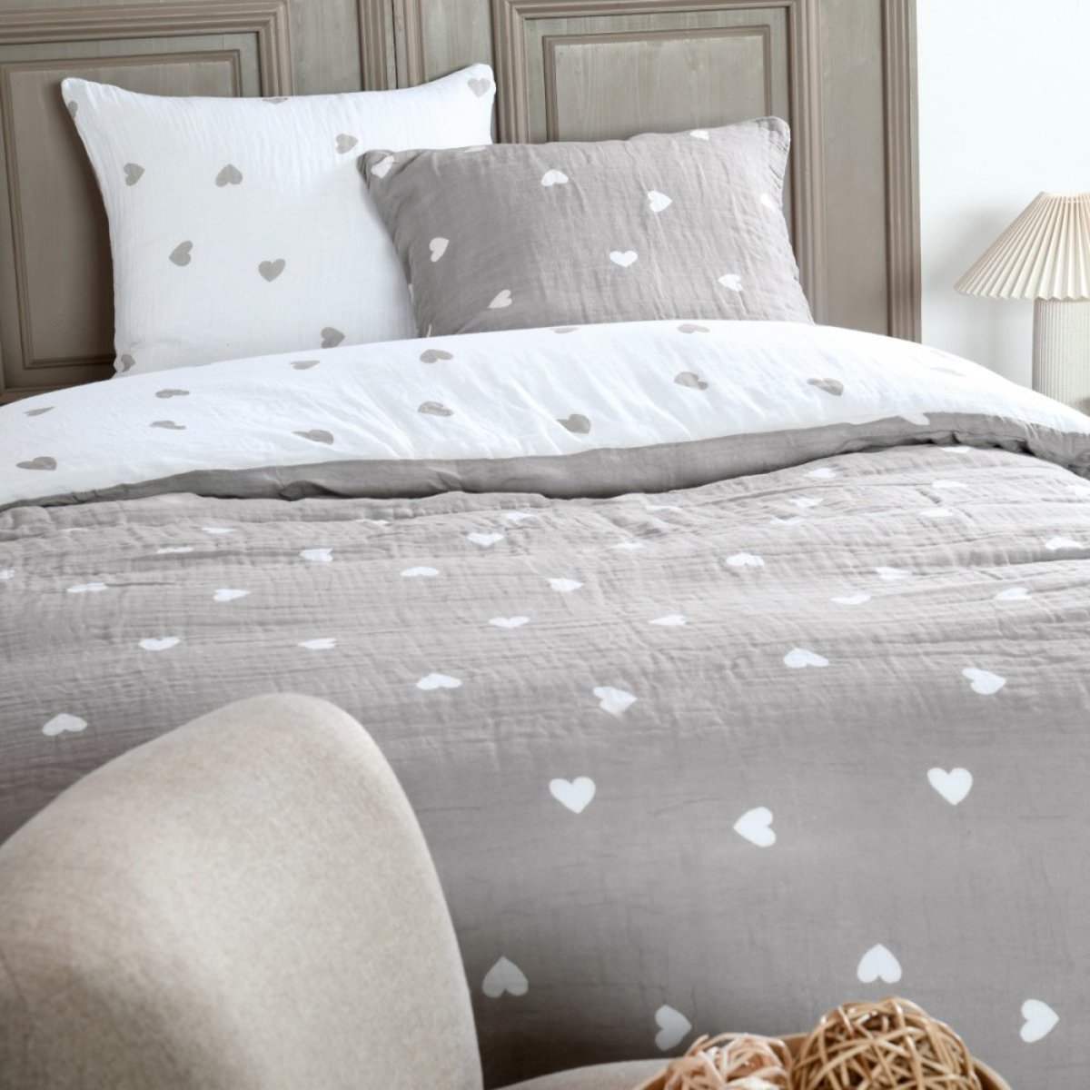 Housse de couette 2 personnes COEURS + 2 taies double gaze de coton blanc, DECORATIE