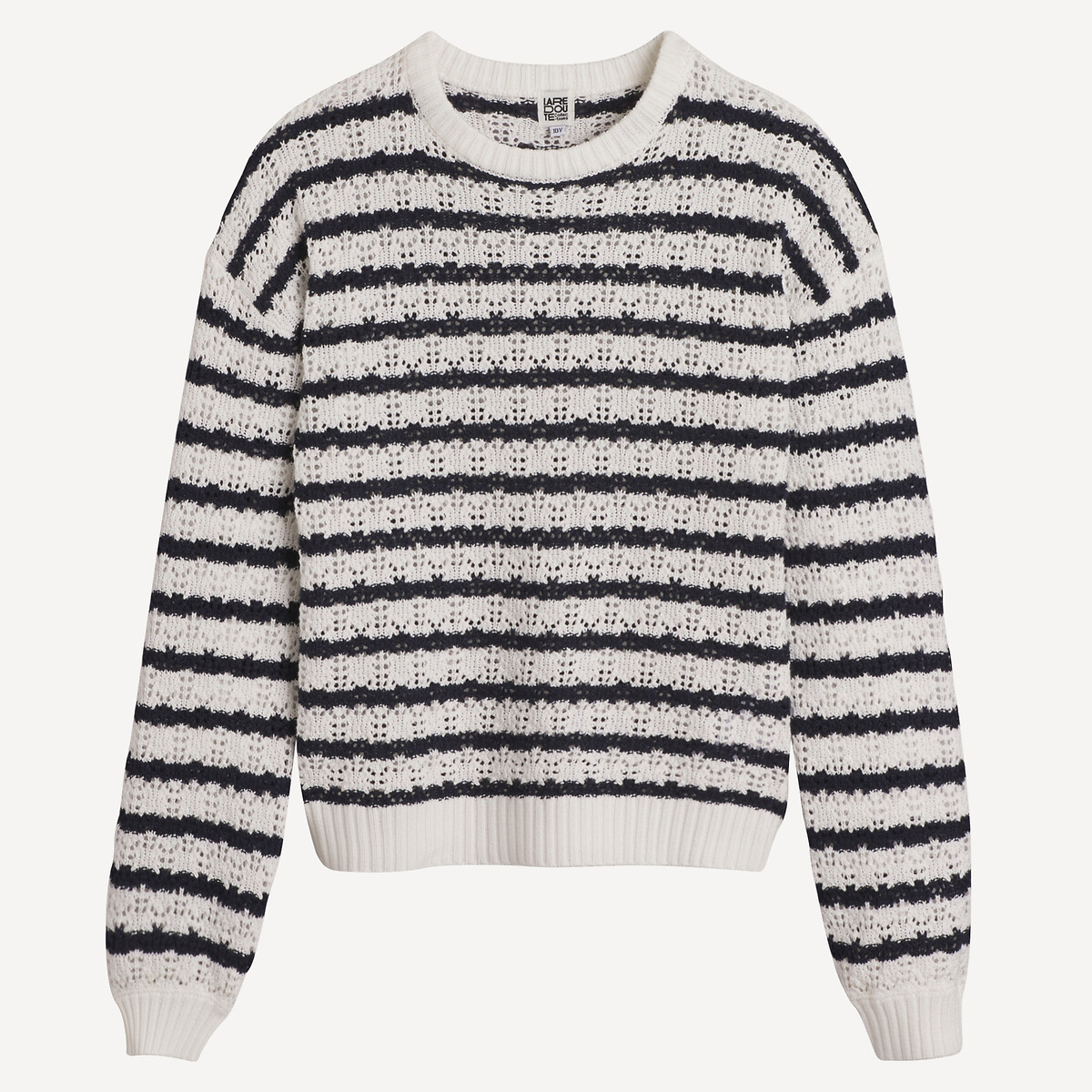Striped Crew Neck Jumper in Fine Pointelle Knit ecru/navy striped, LA REDOUTE COLLECTIONS