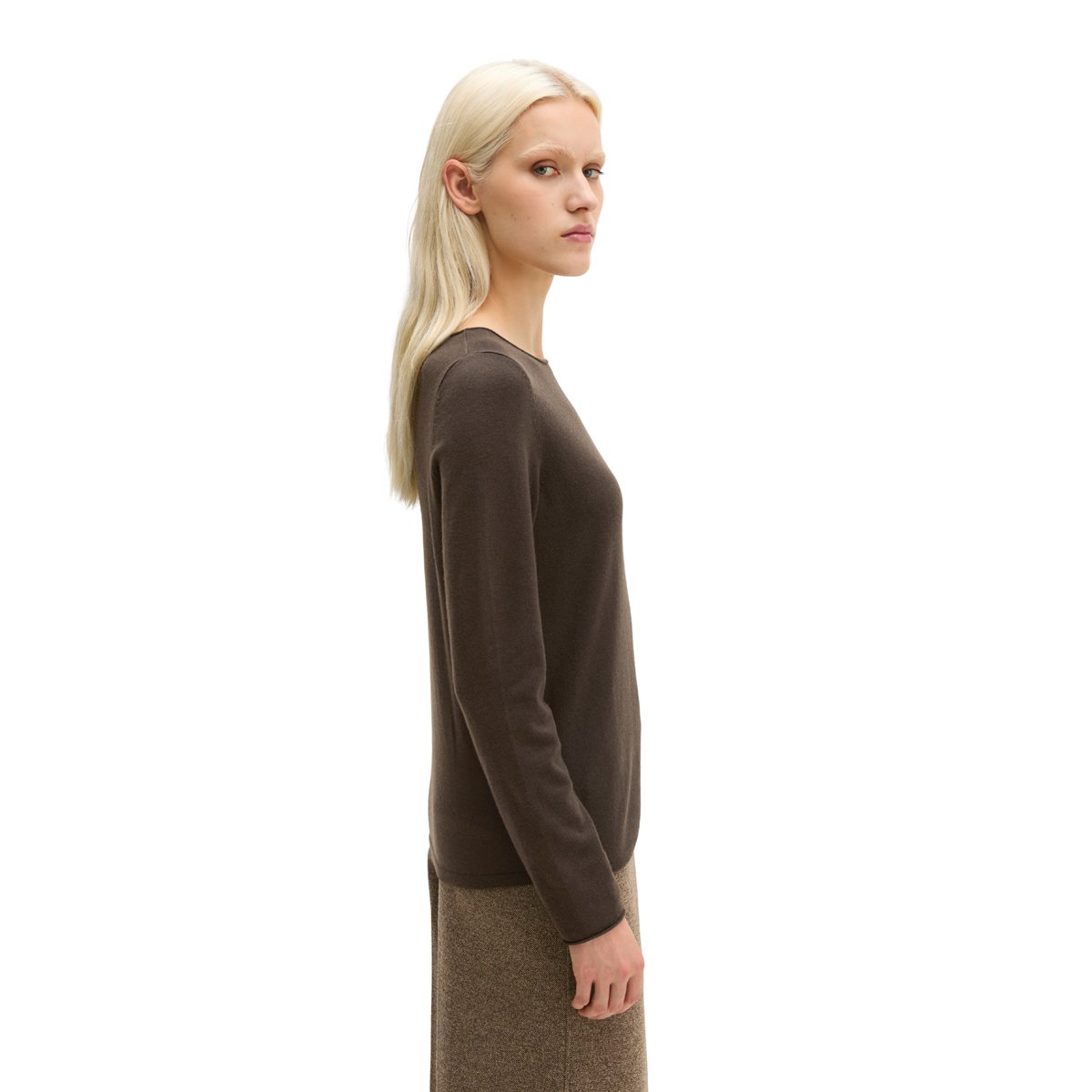 Pull-over en maille fine regular en doux mélange de laine vierge brun foncé, MARC O'POLO