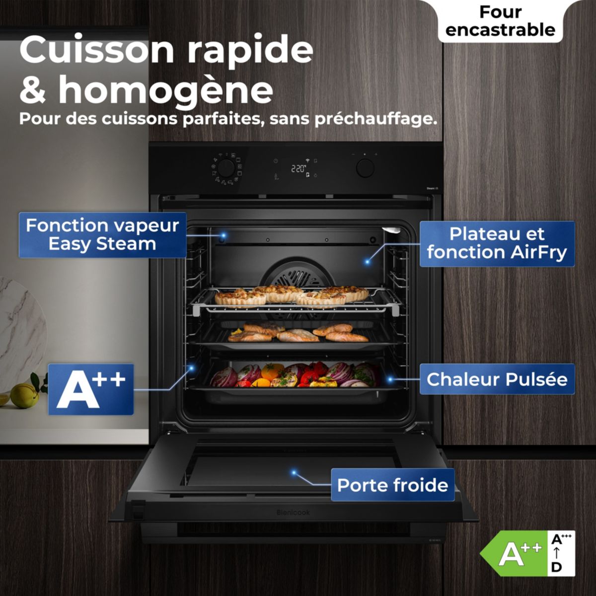 Four encastrable ID2P5B5EYTB - Pyrolyse - Hydrolyse - Chaleur pulsée - Porte froide - Rails télescopiques couleur unique, HAIER