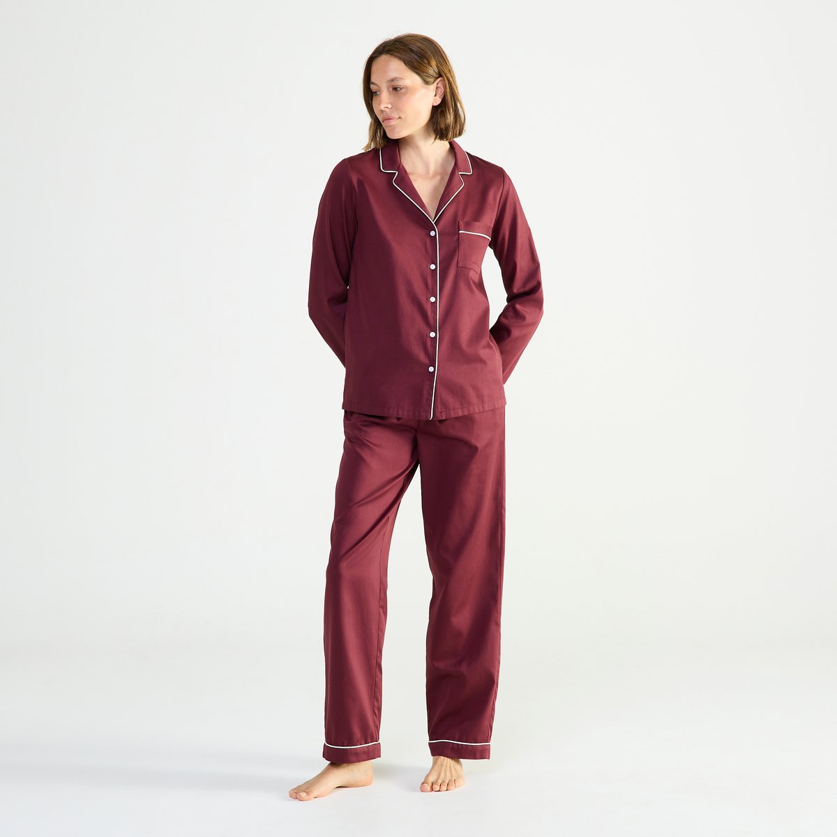 Pyjama col tailleur en satin ESSENTIEL UNI bordeaux, LAURENCE TAVERNIER