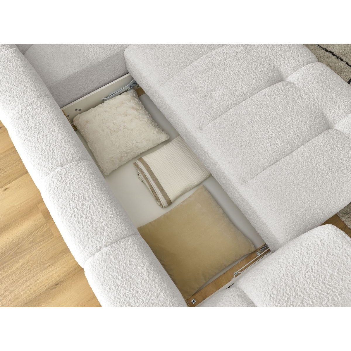 Canapé d'angle convertible 4 places en tissu bouclette avec pouf, FUJI blanc, BOBOCHIC