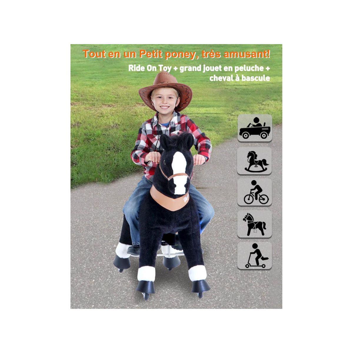 Ponycycle Cheval noir avec sabot blanc, frein et son à monter Age 3-5 ans couleur unique, PONYCYCLE