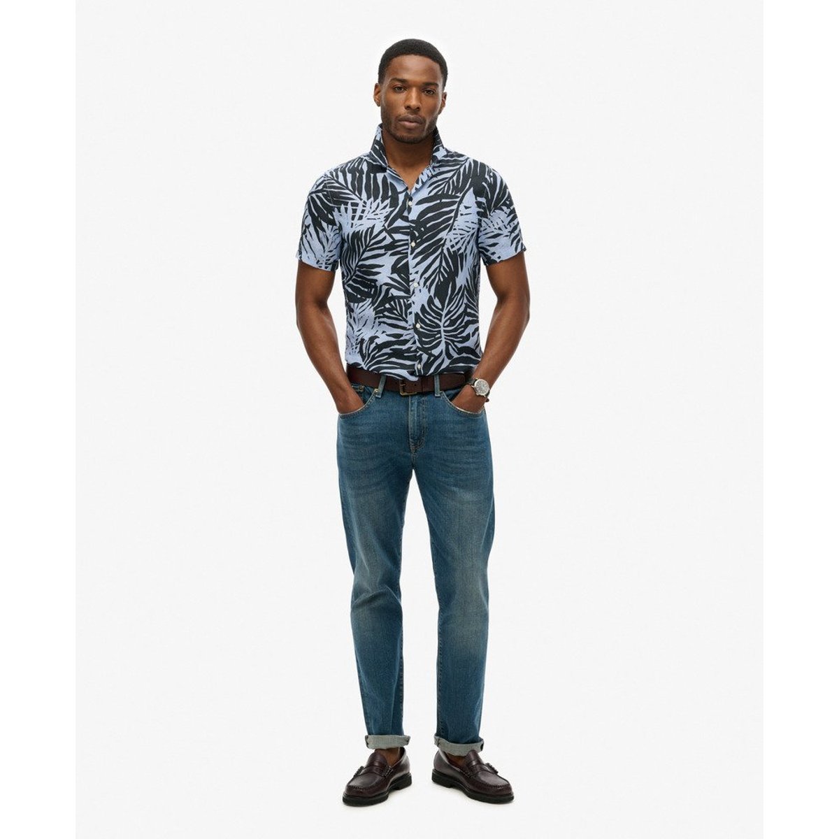 Chemise imprimée en lin à col ouvert imprimé bleu palmier philip, SUPERDRY
