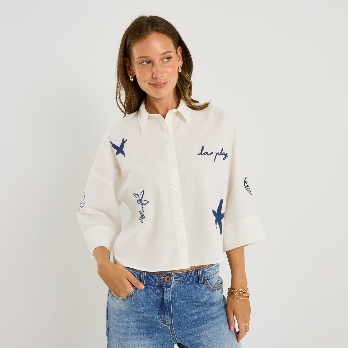 Chemise oversize brodée blanc cassé ecru, GRAIN DE MALICE