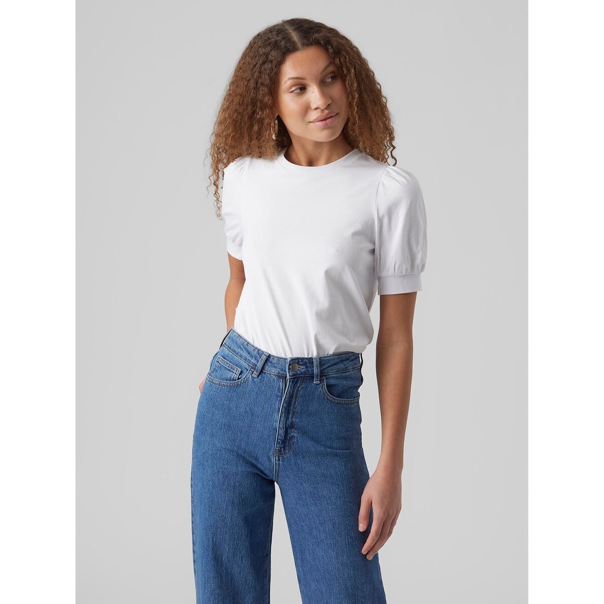 T-shirt, col rond, manches courtes, forme ballon blanc, VERO MODA