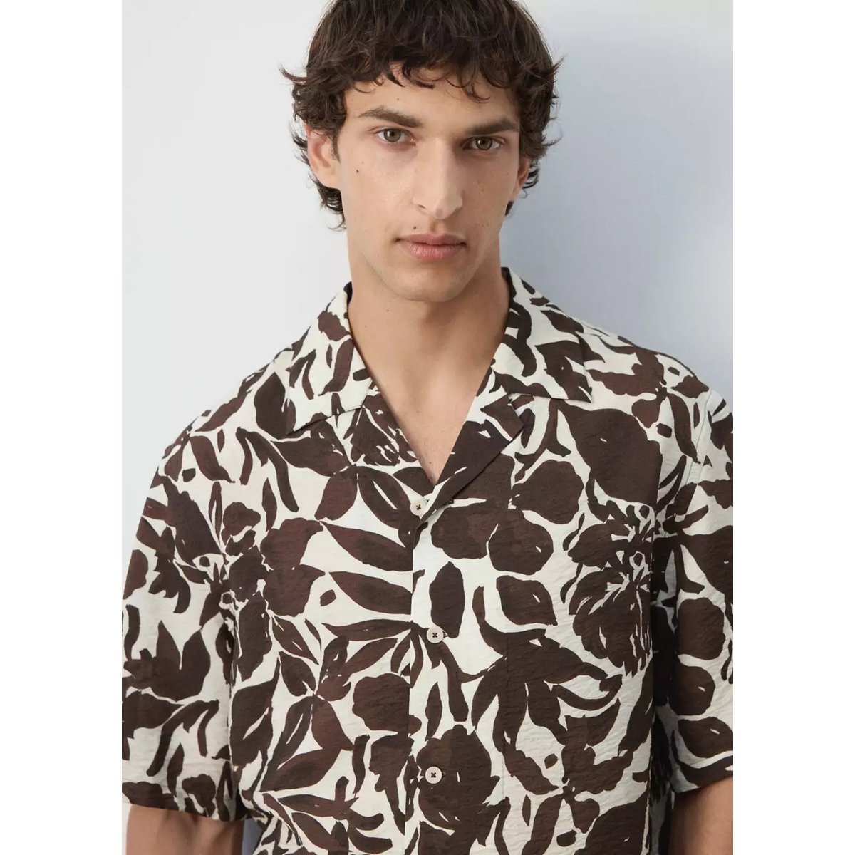 Chemise coton imprimée col bowling marron, MANGO MAN