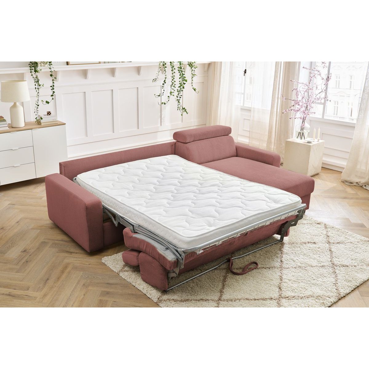 Canapé d'angle convertible 4 places en velours côtelé couchage 140x190 cm, MONACO rose, BOBOCHIC