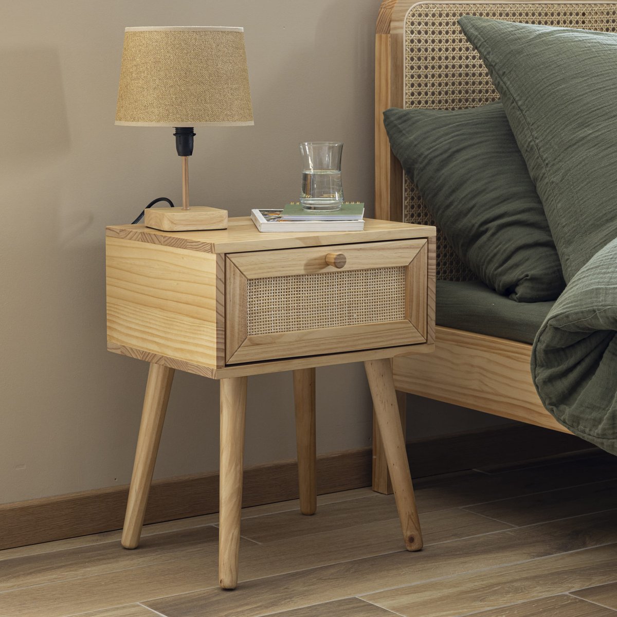 Chambre complète lit cannage enfant avec commode et chevet - ANNA bois naturel, TERRE DE NUIT