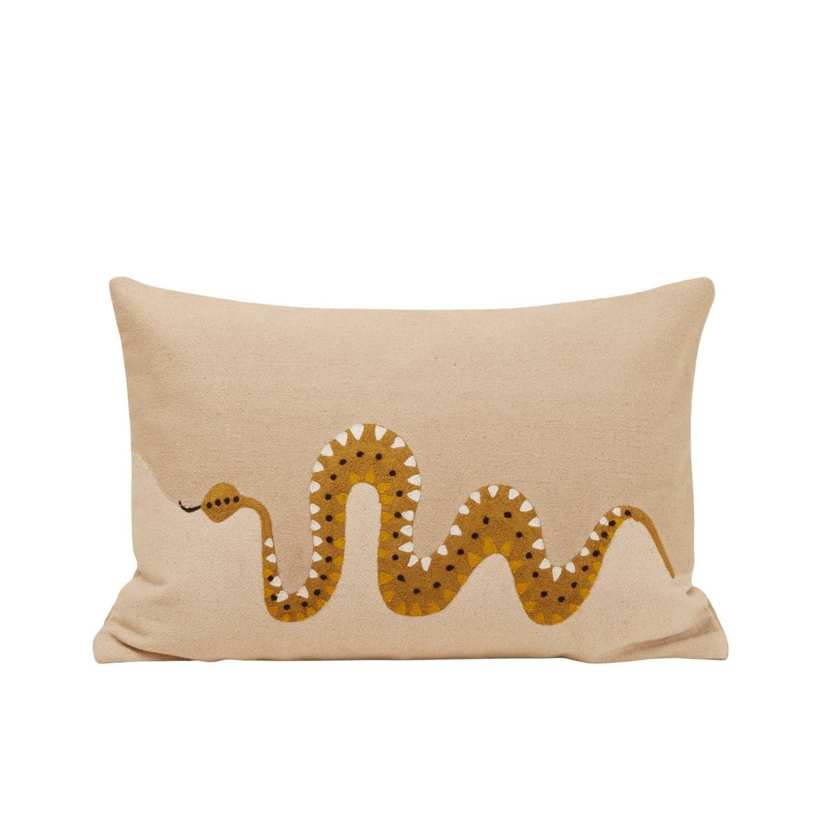 Housse De Coussin en Coton rebrodé d'un serpent en chaînette TEOTI naturel et python doré, MADURA