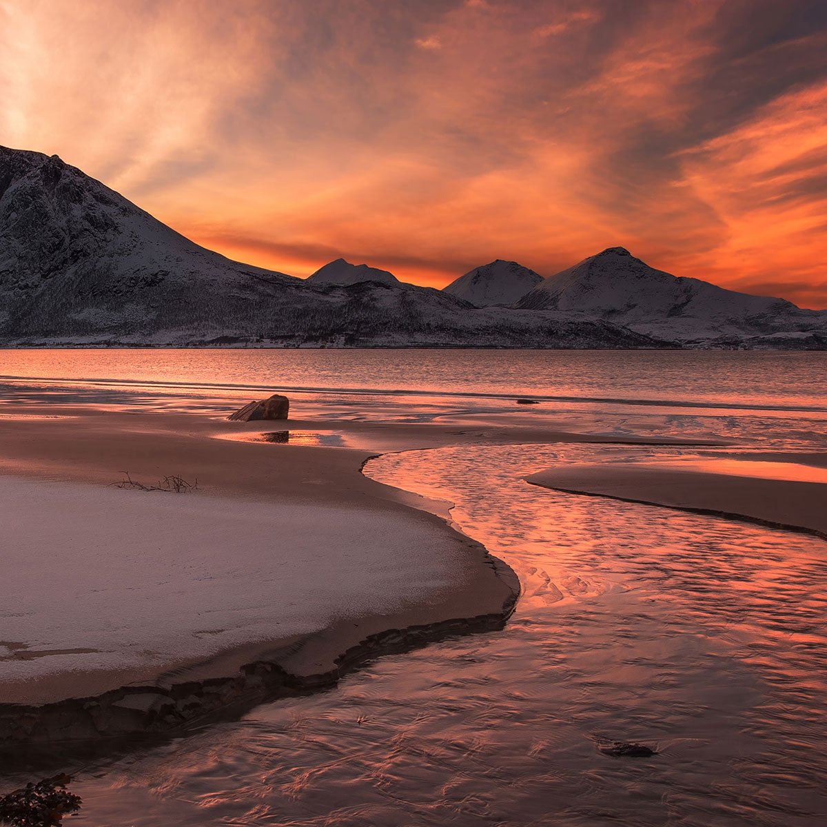Papier peint panoramique coucher de soleil sous la neige intissé, HEXOA