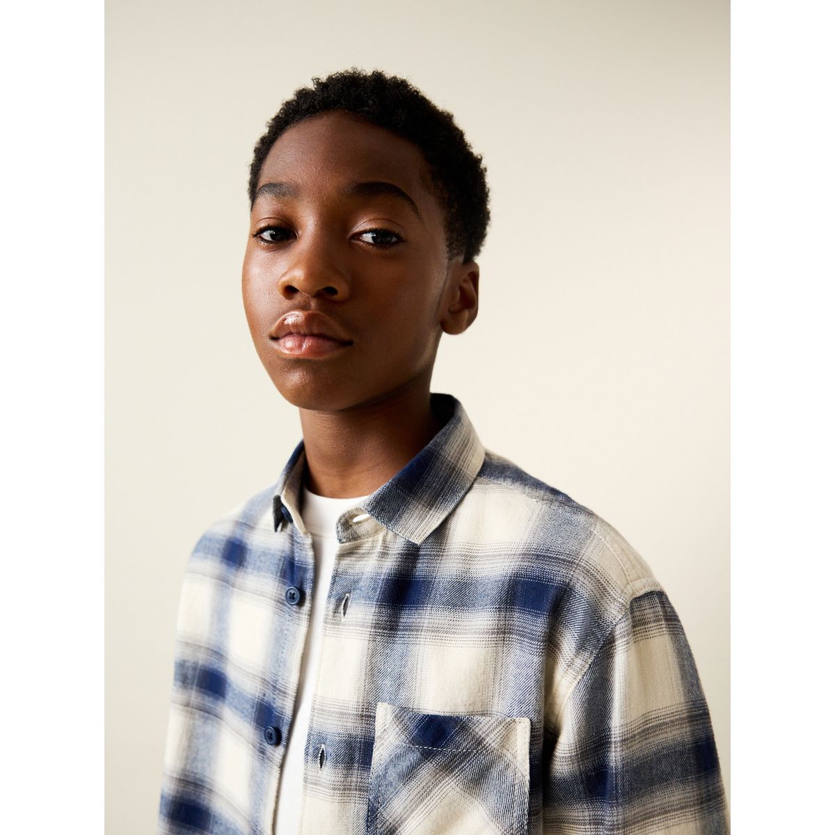 Chemise manches longues en coton à carreaux bleu/écru, NEXT