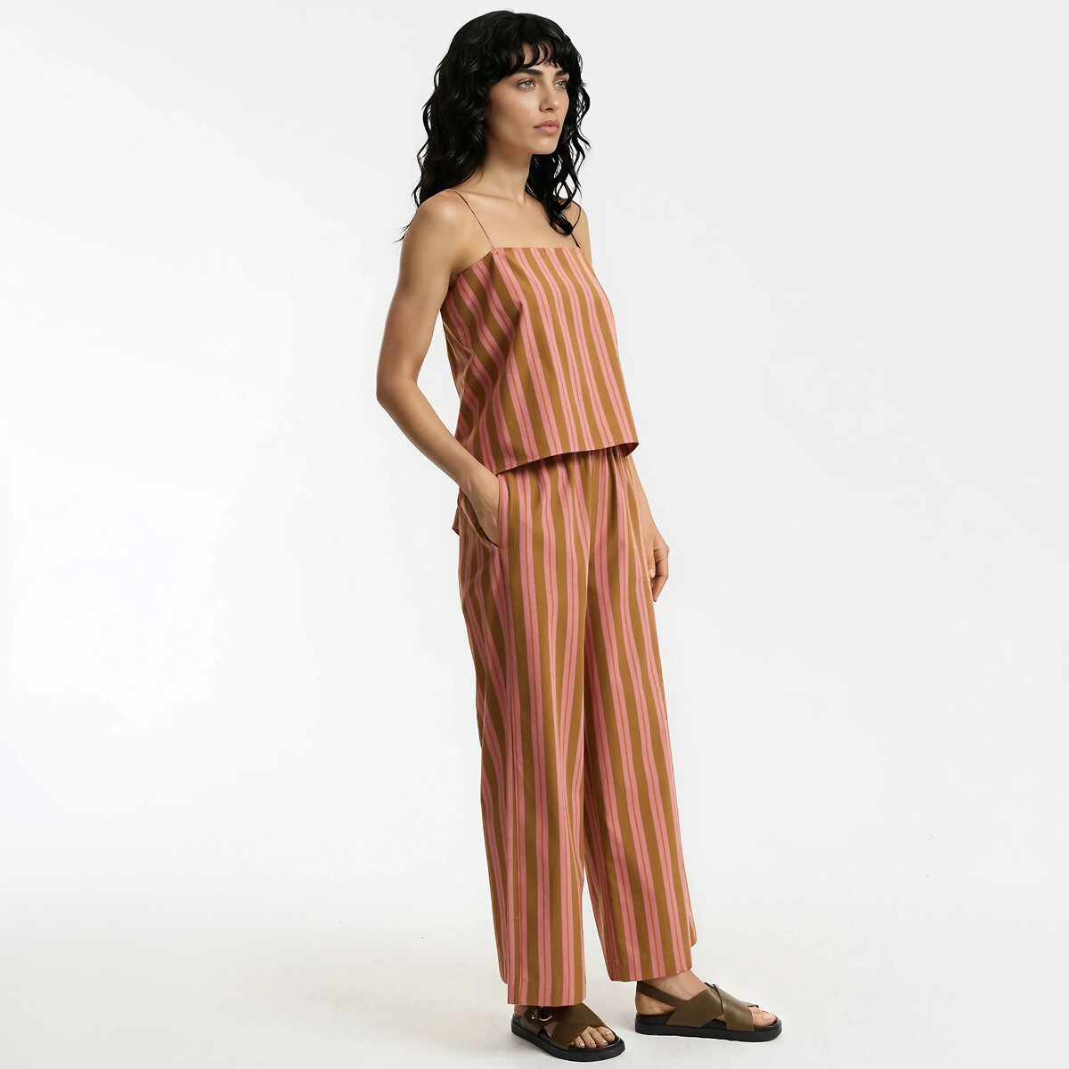 Pantaloni a gamba larga a righe con elastico in vita righe rosa/cammello, LA REDOUTE COLLECTIONS