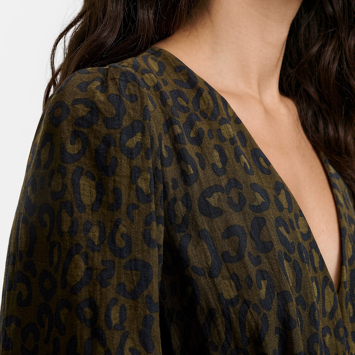 Abito lungo con stampa leopardata e maniche lunghe fantasia leopardata/kaki, LA REDOUTE COLLECTIONS