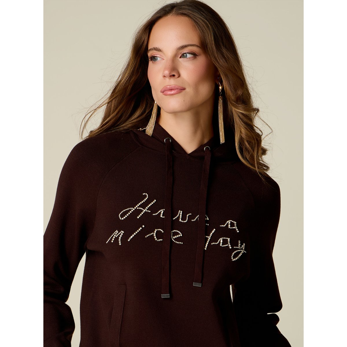 Pull à capuche avec broderie bijou marron, OLTRE