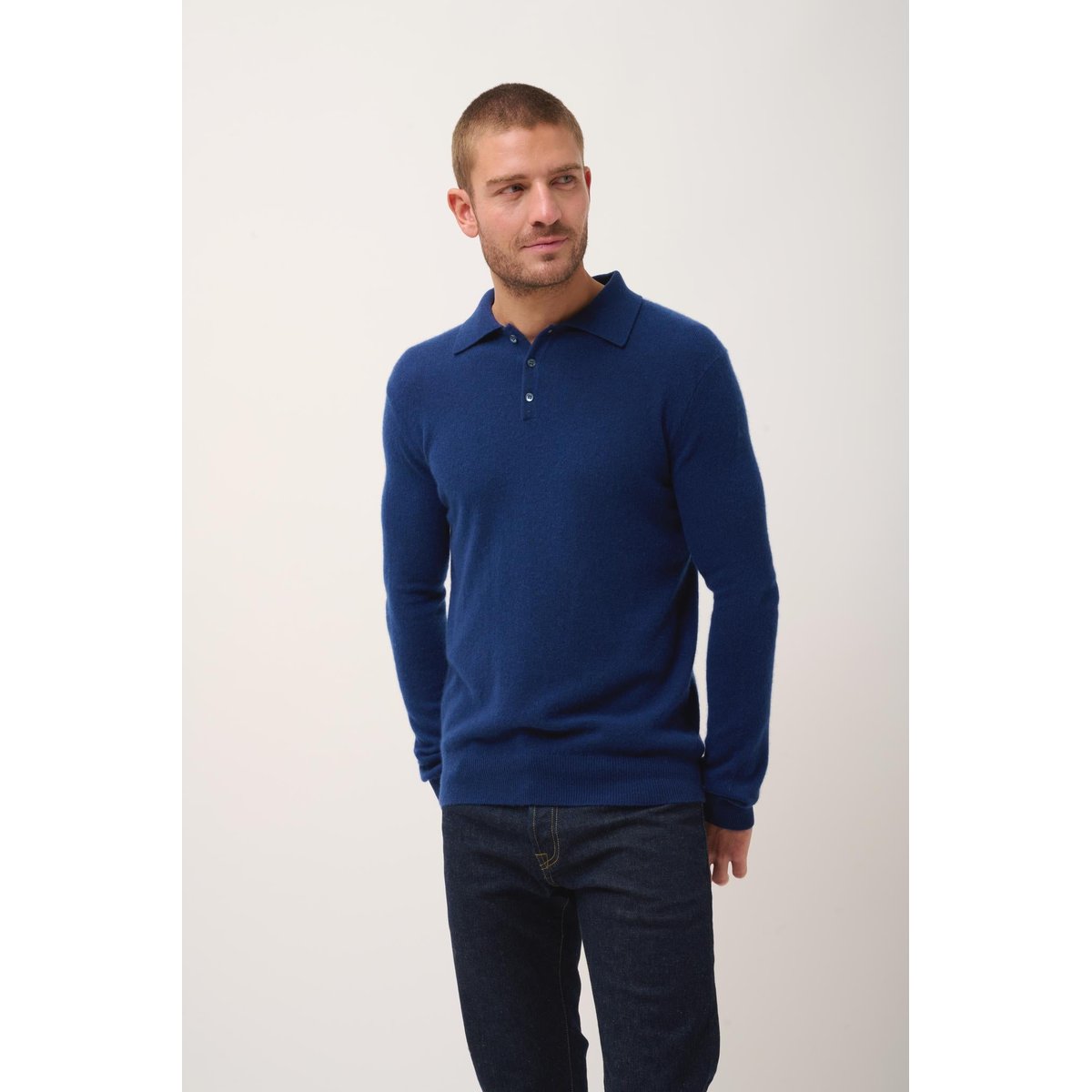Polo Manches Longues Minuit Douglas bleu foncé, JUST CASHMERE