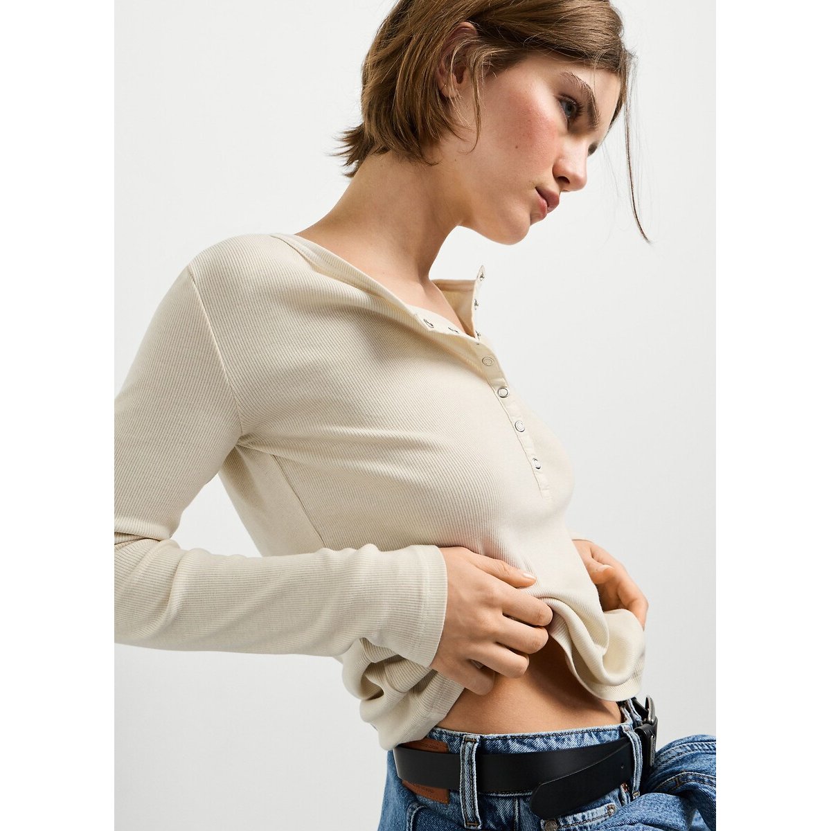 T-shirt manches longues, col pressionné blanc, PEPE JEANS