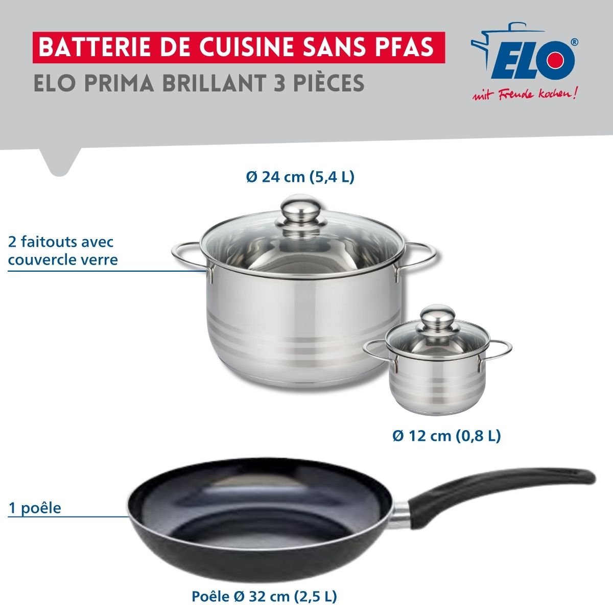 Batterie 1 poêle 32cm + 2 faitouts 12/24cm PRIMA BRILLANT noir, ELO