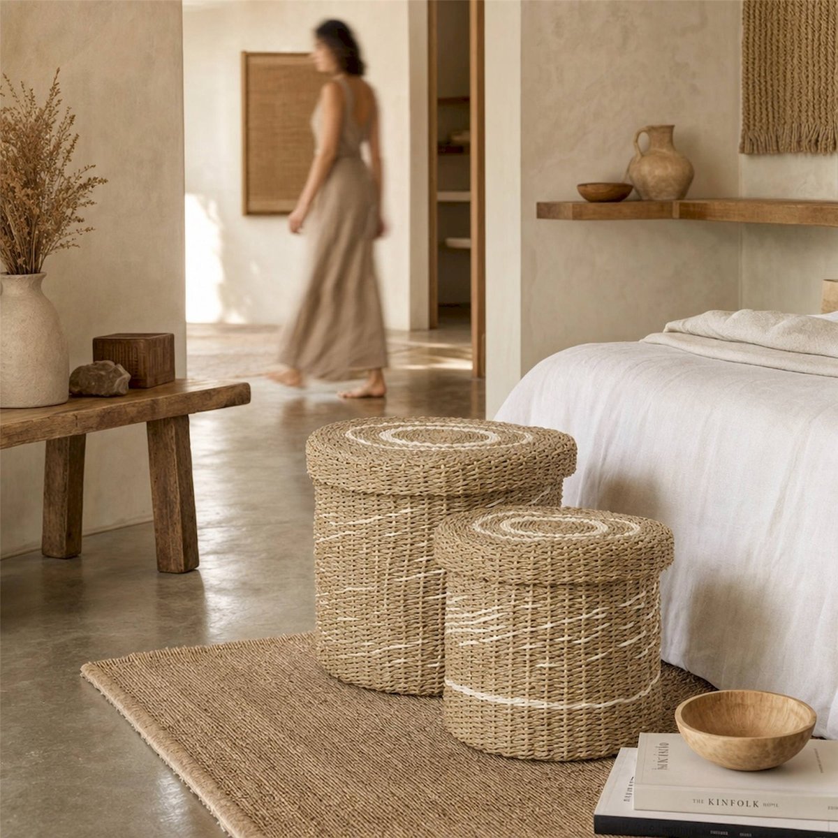 Set de 2 paniers tressés avec couvercle blanc et naturel, RECOLLECTION
