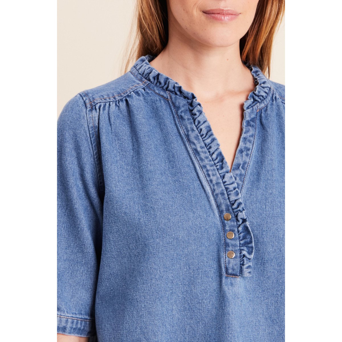 Robe courte évasée jean col montant denim double stone, BREAL
