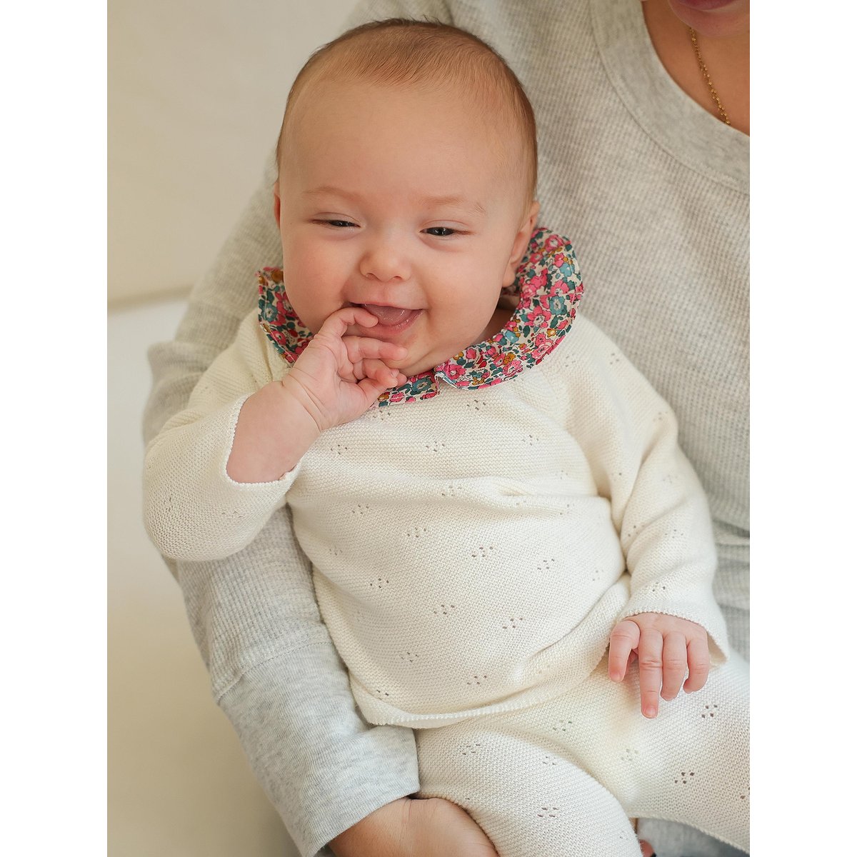 Ensemble 2 pièces naissance en tricot écru, ENVIE DE FRAISE