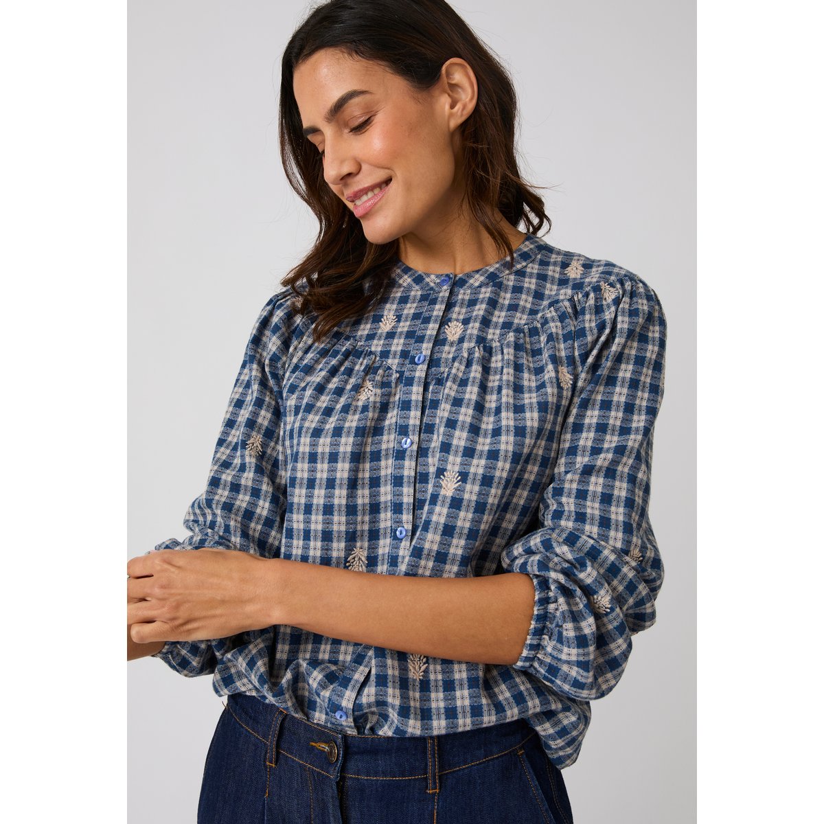 Blouse carreaux rebrodés bleu marine carreaux, DAMART