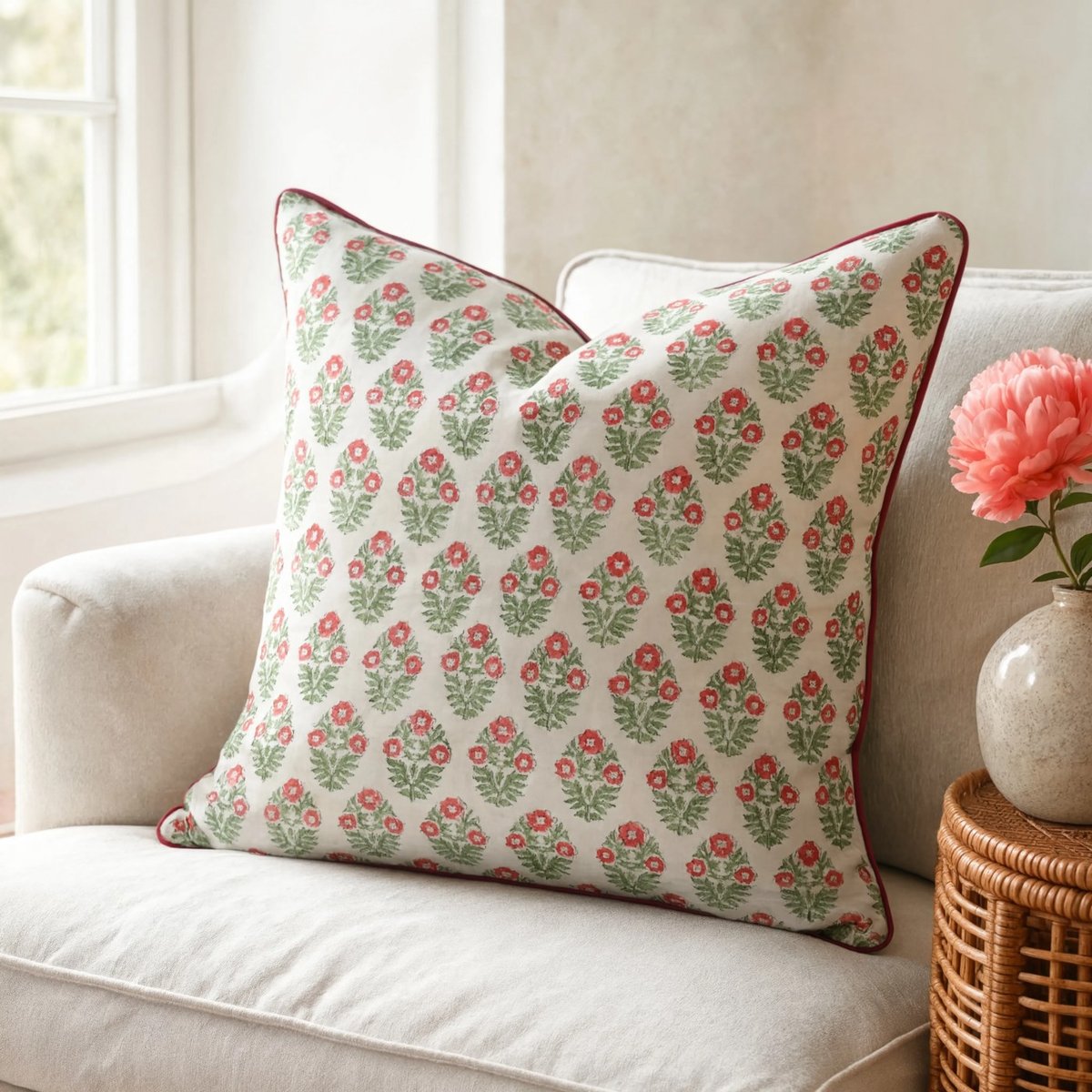 Housse de coussin Georgia crème, vert, rouge, ARCHIV