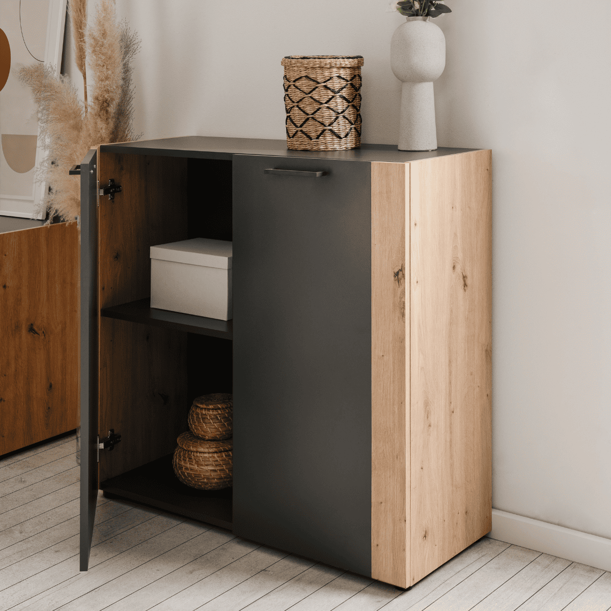 Commode 2 portes pieds noirs LUMA gris anthracite, CALICOSY