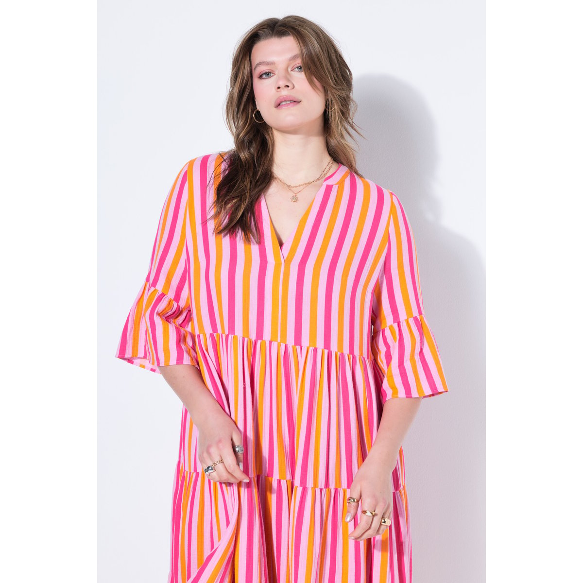 Robe longue, coupe trapèze, mousseline rose pâle, STUDIO UNTOLD
