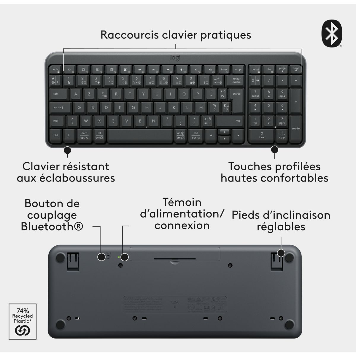Clavier sans fil K250 Bluetooth couleur unique, LOGITECH