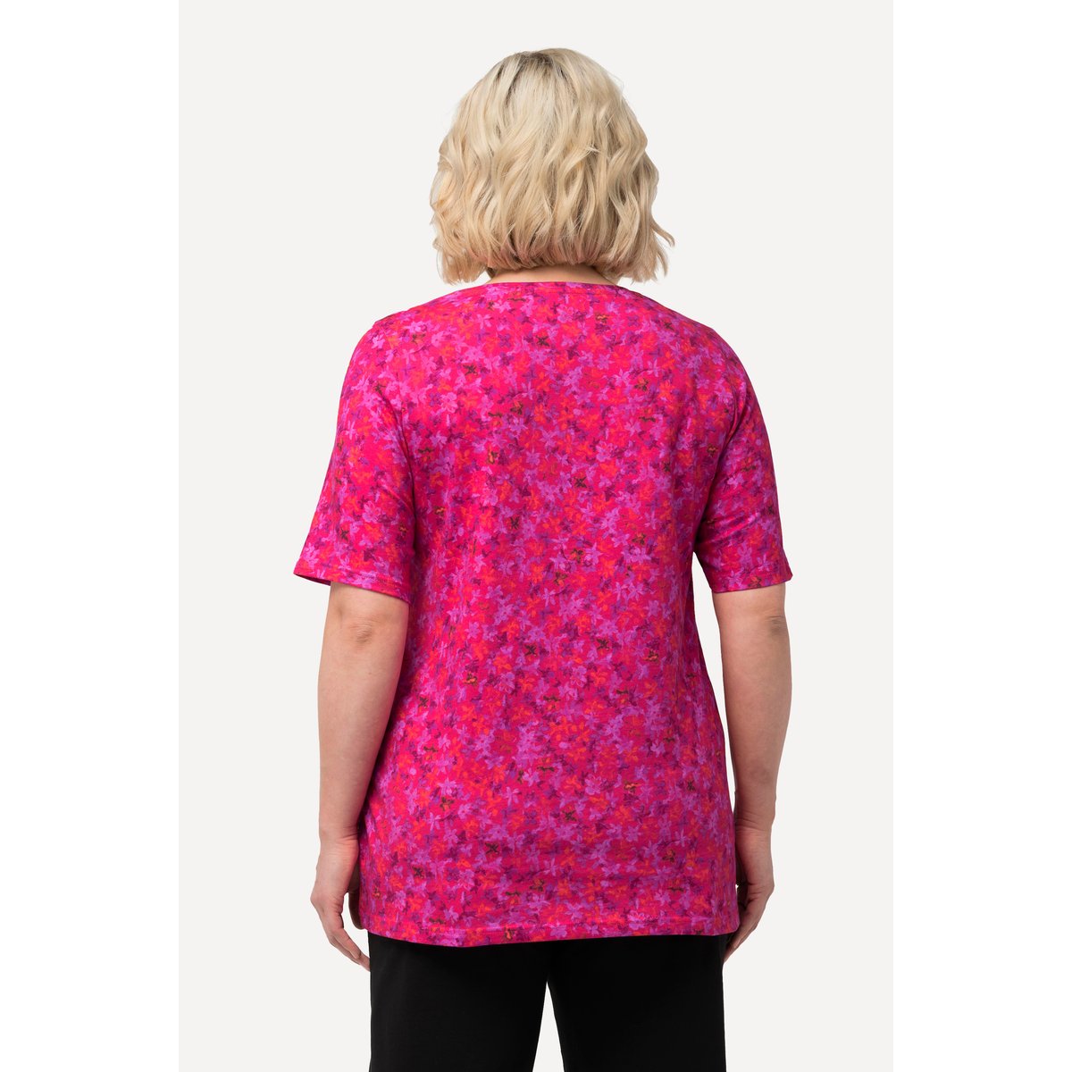 T-shirt long à manches courtes et col rond roses rouge, ULLA POPKEN