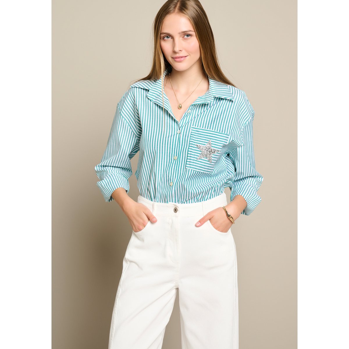 Chemise rayée détail étoile vert pomme, LOLALIZA