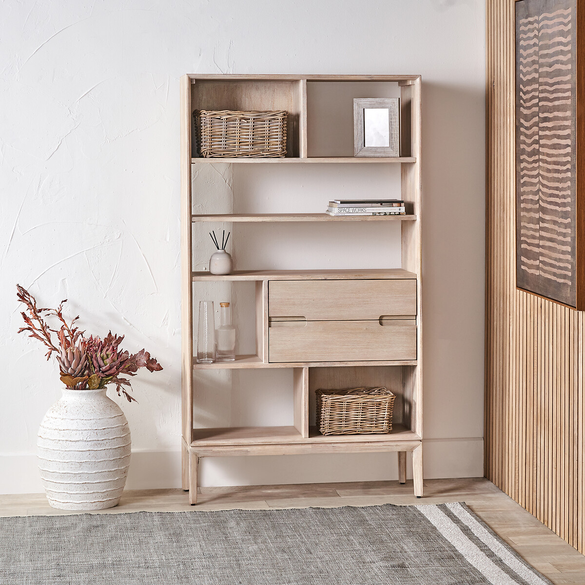 Giano Acacia Wood 7-Shelf Display Unit ivory white, SO'HOME