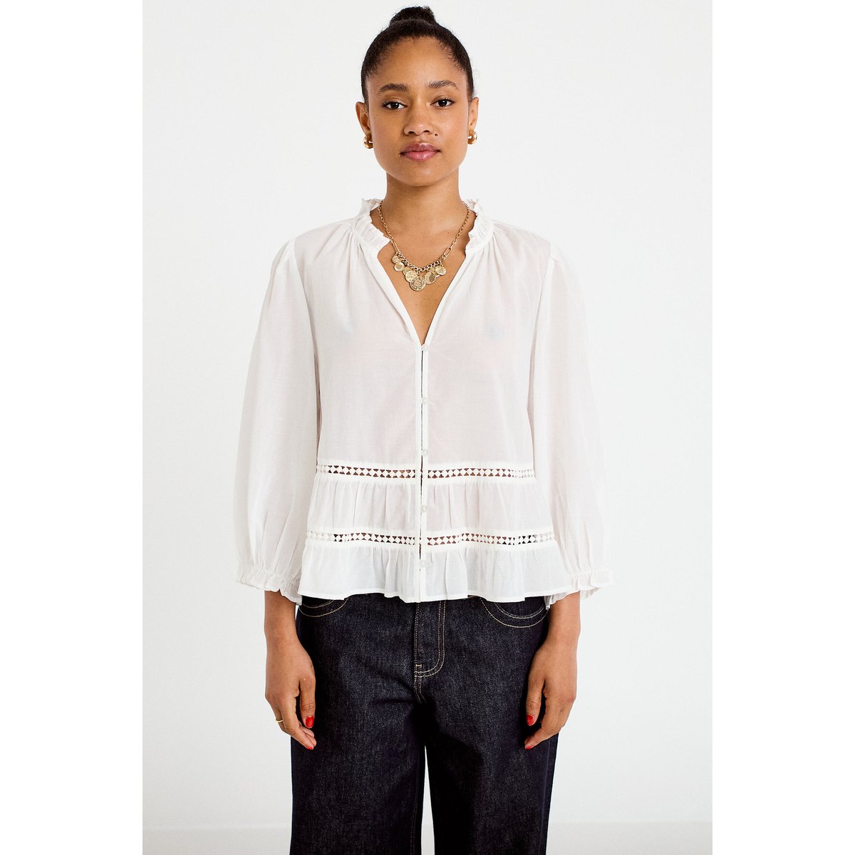 Blouse cintrée col v manches 3/4 ecru, CACHE CACHE